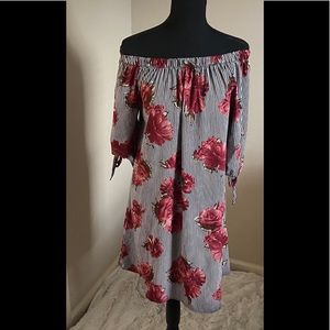 Striped off the shoulder dress with floral detail